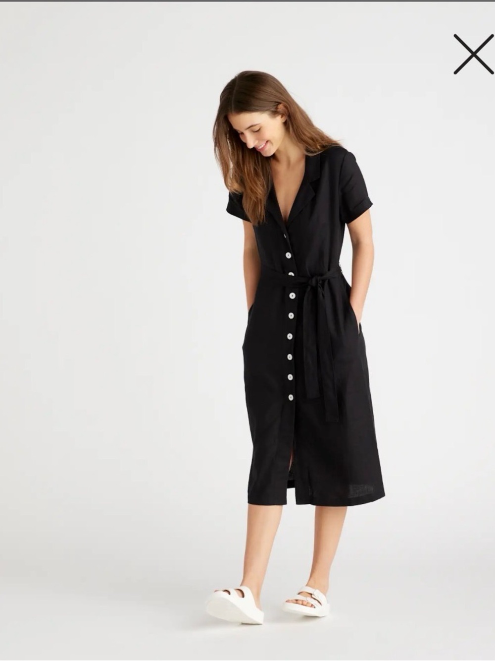 QUINCE 100% European linen black button front camp midi dress S - Picture 9 of 9